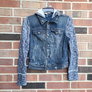 Free People Distressed Hooded Denim Jacket